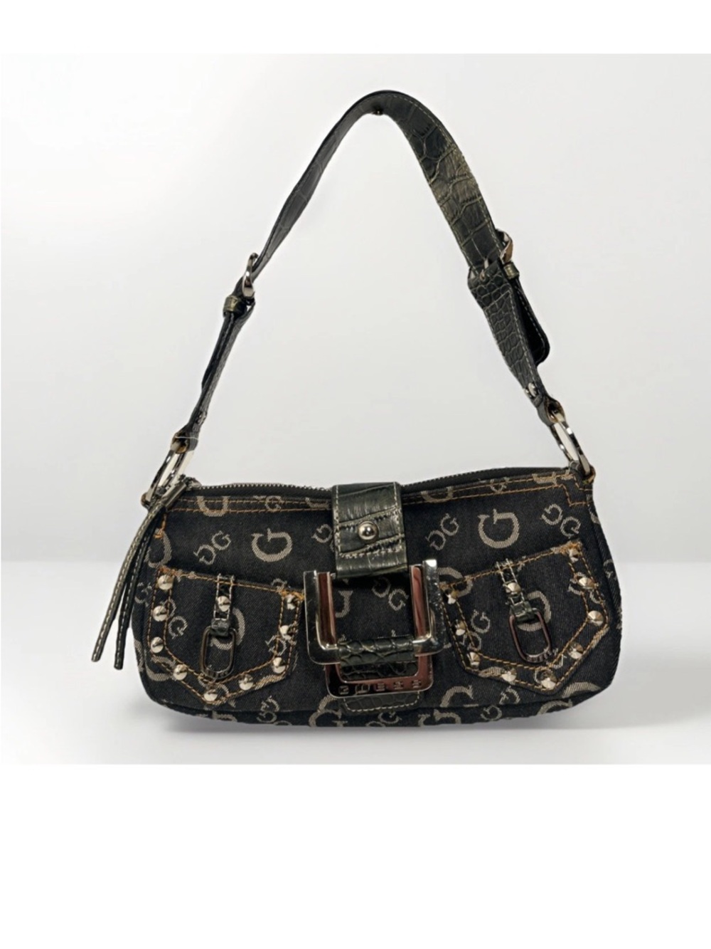 Vintage Denim  Croc Embossed Guess Monaghan Baguette in Black & Green Rare